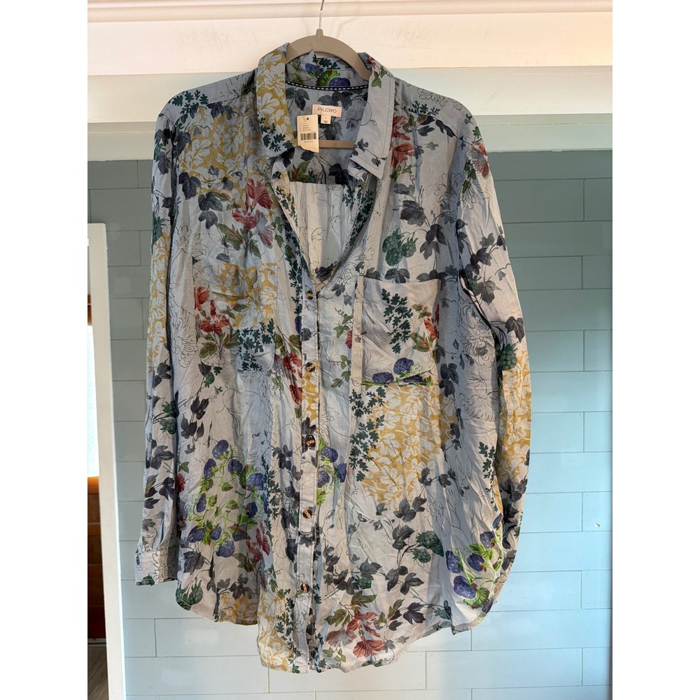 Pilcro Anthropologie Floral Modal Button Down Shirt Blue Grey Large OB1900944